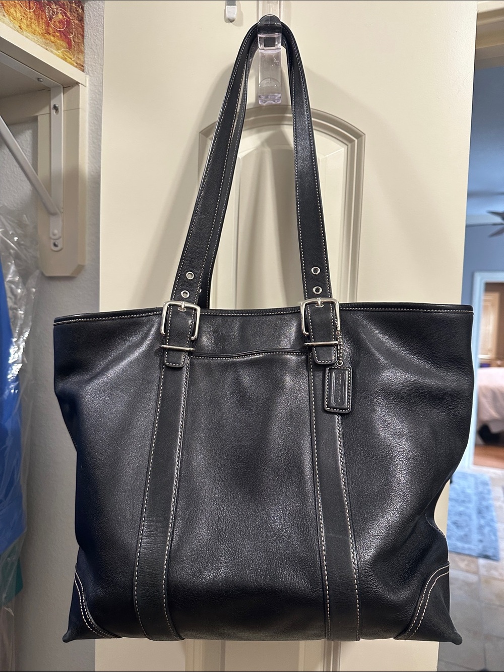 Coach Black Leather Messenger Tote with Contrast Stitching
